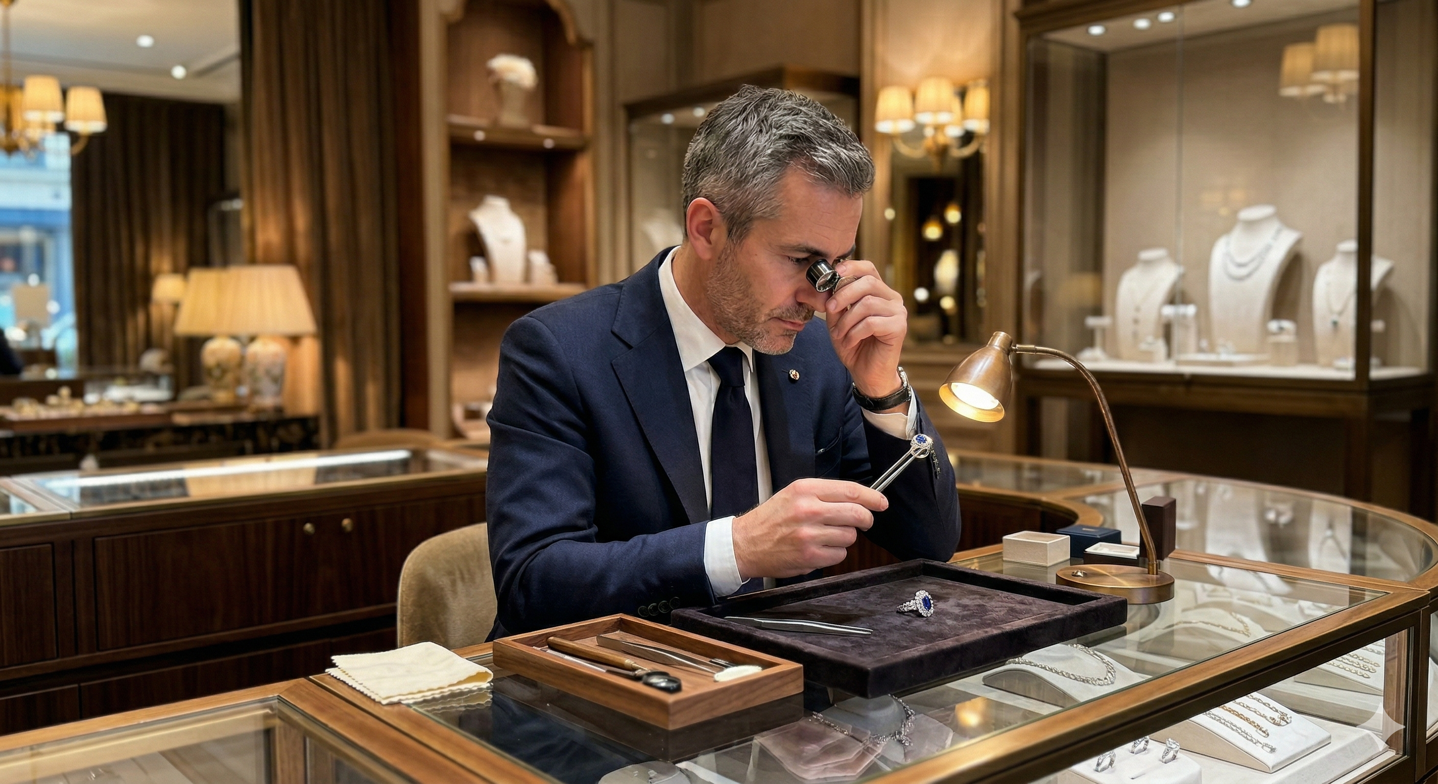 Bijoutier professionnel à son comptoir